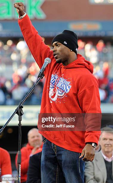Philadelphia Phillies Jimmy Rollins gestures at a victory rally at Citizens Bank Park October 31, 2008 in Philadelphia, Pennsylvania. The Phillies...