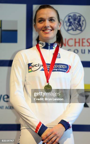 Victoria Pendleton of Great Britain and SKY+HD stands on the podium after winning the women's sprint of the UCI Cycling World Cup on October 31, 2008...