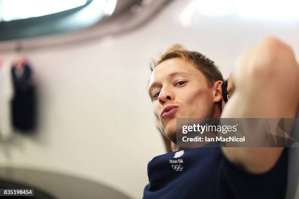 PyeongChang Winter Olympic hopeful Gregory Cackett poses for photographs at The Orium sports complex on August 18, 2017 in Edinburgh, Scotland.