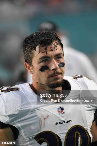 Running back Danny Woodhead of the Baltimore Ravens looks on during a preseason game against the Miami Dolphins at Hard Rock Stadium on August 17,...