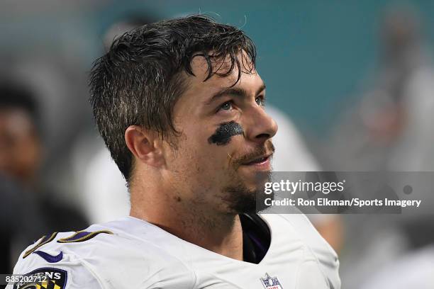 Running back Danny Woodhead of the Baltimore Ravens looks on during a preseason game against the Miami Dolphins at Hard Rock Stadium on August 17,...