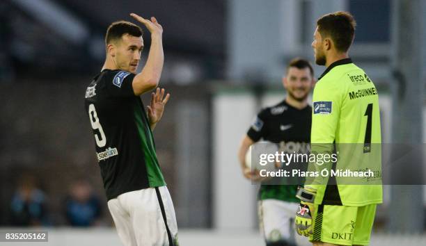 Bray , Ireland - 18 August 2017; Aaron Greene of Bray Wanderers celebrates scoring his side's second goal in front of Stephen McGuinness of Drogheda...
