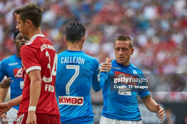 Emanuele Giaccherini of Napoli celebrates after scoring his team`s second goal during the Audi Cup 2017 match between SSC Napoli and FC Bayern...