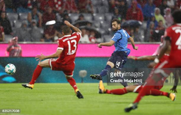 Admir Mehmedi of Bayer Leverkusen scores during the Bundesliga match between FC Bayern Muenchen and Bayer 04 Leverkusen at Allianz Arena on August...