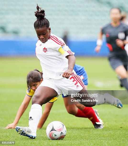 Bryanna McCarthy of Canada looks to kick the ball during the FIFA U-17 Women's World Cup match between Colombia and Canada at North Harbour Stadium...