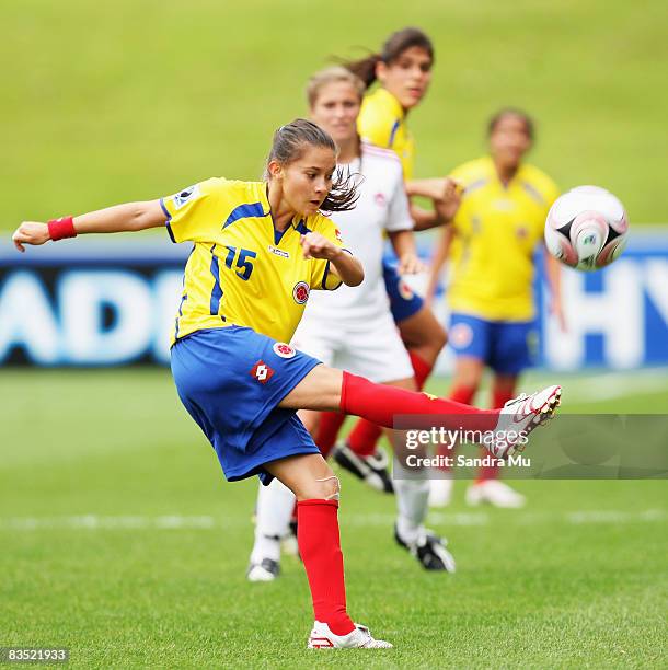 Tatiana Ariza of Colombia kicks the ball during the FIFA U-17 Women's World Cup match between Colombia and Canada at North Harbour Stadium on...