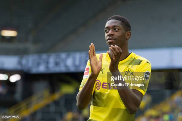 Ousmane Dembele of Dortmund welcomes the fans during the Borussia Dortmund Season Opening 2017/18 at Signal Iduna Park on August 4, 2017 in Dortmund,...
