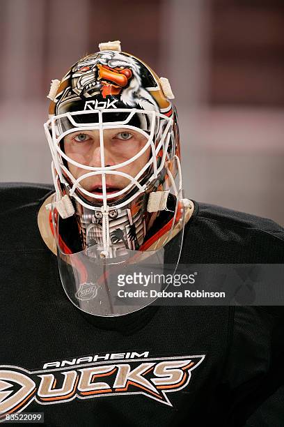 Jean-Sebastien Giguere of the Anaheim Ducks skates on the ice during warmups prior to the game against the Vancouver Canucks on October 31, 2008 at...