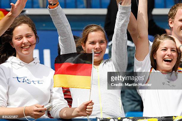 Young German fans applaud their team during the FIFA U-17 Women`s World Cup match between Germany and Ghana at QE II Stadium on November 1, 2008 in...