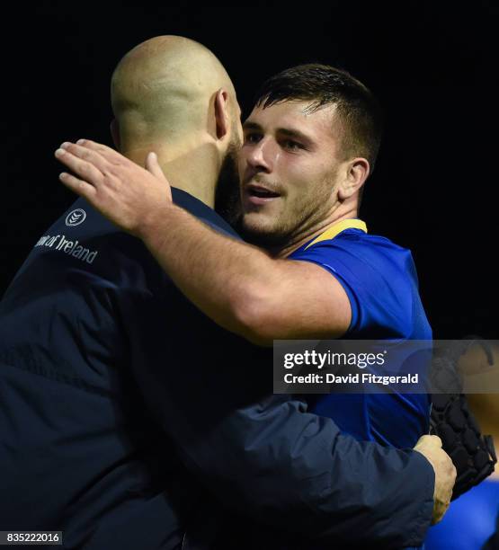 Dublin , Ireland - 18 August 2017; Sean McNulty of Leinster congratulates team mate Scott Fardy following their victory after the Bank of Ireland...
