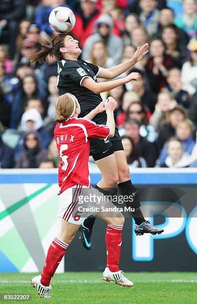 Simone Boye of Denmark watches Caitlin Campbell of New Zealand head the ball during the FIFA U-17 Women's World Cup match between New Zealand and...