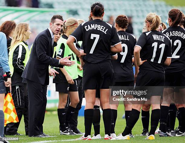 New Zealand coach Paul Temple talks to the team during the FIFA U-17 Women's World Cup match between New Zealand and Denmark at North Harbour Stadium...