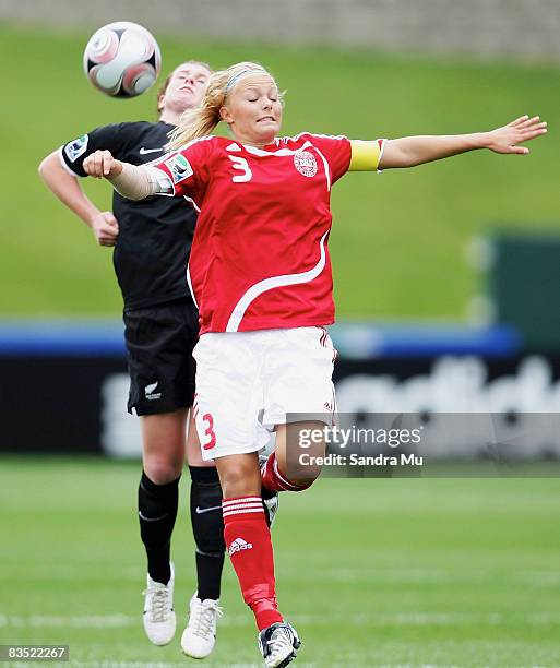 Line Sigvardsen Jensen of Denmark heads the ball during the FIFA U-17 Women's World Cup match between New Zealand and Denmark at North Harbour...