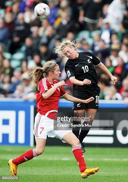 Sofie Junge of Denmark and Annalie Longo of New Zealand compete for the ball during the FIFA U-17 Women's World Cup match between New Zealand and...