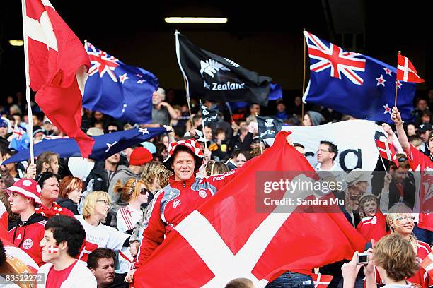 Fans show support for their country during the FIFA U-17 Women's World Cup match between New Zealand and Denmark at North Harbour Stadium on November...