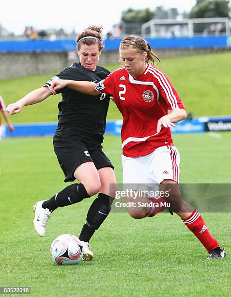 Sarah McLaughlin of New Zealand and Line Ostergaard of Denmark in action during the FIFA U-17 Women's World Cup match between New Zealand and Denmark...