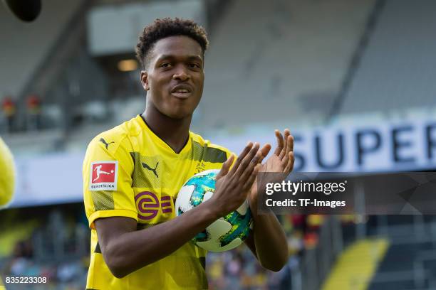 Dan-Axel Zagadou of Dortmund welcomes the fans during the Borussia Dortmund Season Opening 2017/18 at Signal Iduna Park on August 4, 2017 in...