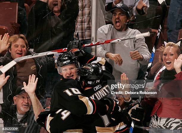 Corey Perry and Chris Kunitz of the Anaheim Ducks celebrate the game tying goal in the third period from Corey Perry of the Anaheim Ducks against the...