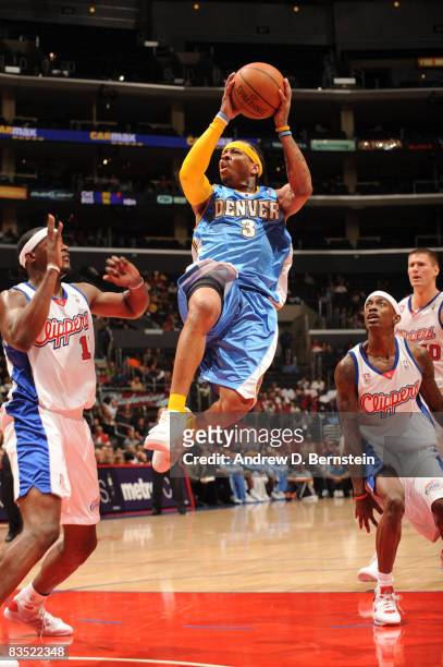 Allen Iverson of the Denver Nuggets rises for a shot against the Los Angeles Clippers at Staples Center on October 31, 2008 in Los Angeles,...