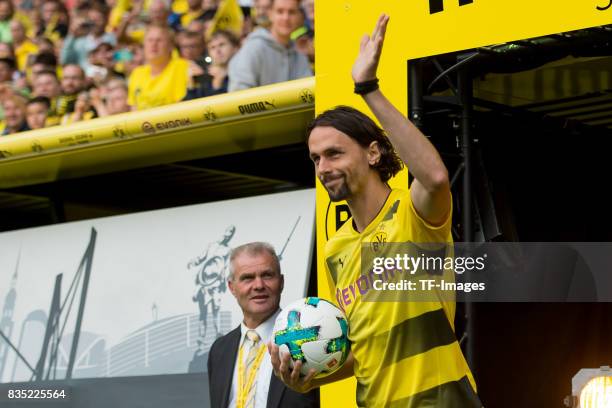 Neven Subotic of Dortmund welcomes the fans during the Borussia Dortmund Season Opening 2017/18 at Signal Iduna Park on August 4, 2017 in Dortmund,...