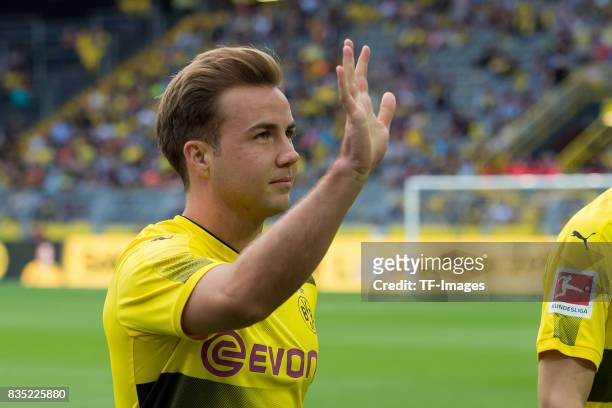 Mario Goetze of Dortmund welcomes the fans during the Borussia Dortmund Season Opening 2017/18 at Signal Iduna Park on August 4, 2017 in Dortmund,...