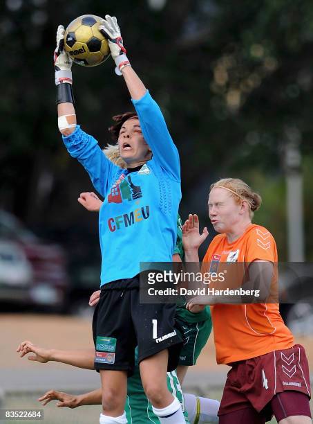 Goal keeper, Lydia Williams catches the ball during the round two W-League match between the Queensland Roar and Canberra United at Perry Park on...