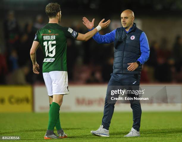 Cork , Ireland - 18 August 2017; Sligo Rovers manager Dave Robertson with Kieran Sadlier of Cork City after the SSE Airtricity League Premier...