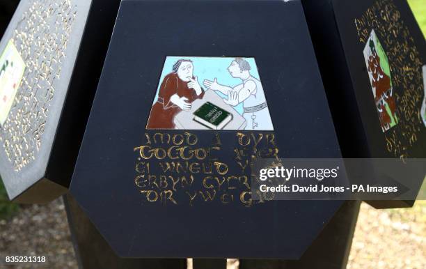 Hywel Dda memorial garden and inventory, Whitland. One of Hywel Dda's tablets explaining common law.