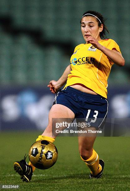 Trudy Camilleri of the Mariners shoots for goal during the round two W-League match between the Central Coast Mariners and the Perth Glory at...