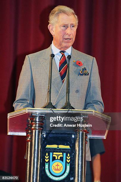 Prince Charles, Prince of Wales gives a speech at the University on November 1, 2008 in Brunei Darussalam. The Prince and the Duchess are in Brunei...