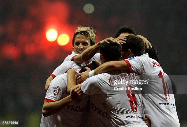 Players of FC Spartak Moscow celebrate after scoring a goal during the Russian Football League Championship match between PFC CSKA Moscow and FC...
