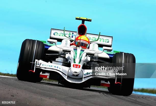 Rubens Barrichello of Brazil and Honda Racing drives during the final practice session prior to qualifying for the Brazilian Formula One Grand Prix...