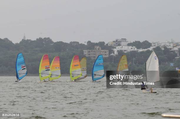 Sailors in action during Raja Bhoj multiclass sailing championship organized by Yachting Association of India on August 18, 2017 in Bhopal, India.