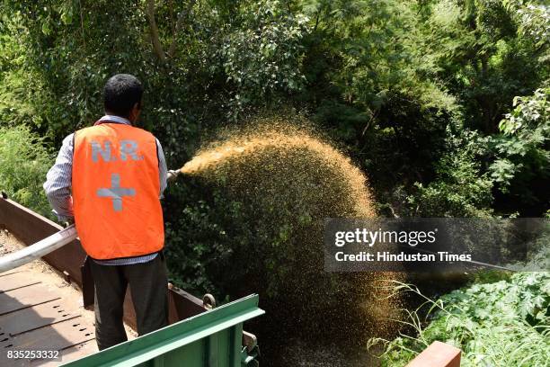 Worker sprays insecticide on area near track with the help of hose from special train on August 18, 2017 in New Delhi, India. Delhi Division Northern...