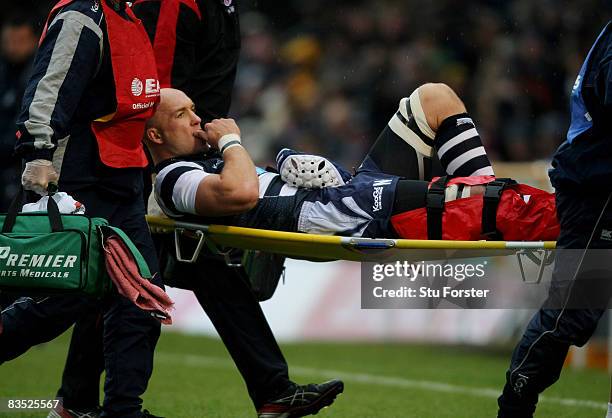 Bristol forward Nathan Budgett is stretchered off with a suspected broken leg during the EDF Energy Group D Match between Bristol Rugby and Saracens...