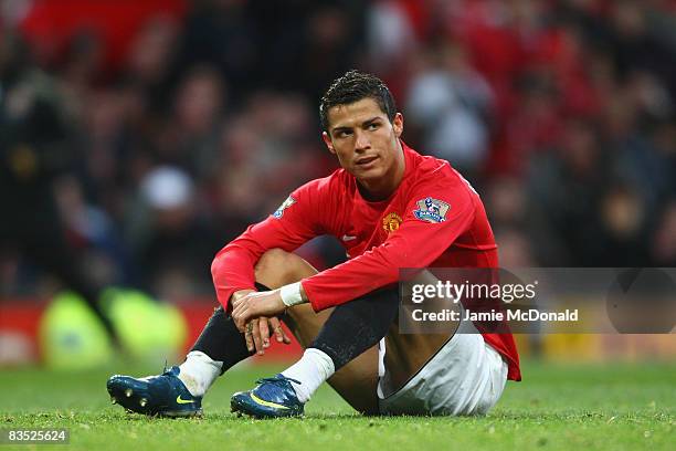 Cristiano Ronaldo of Manchester United reacts to a missed chance during the Barclays Premier League match between Manchester United and Hull City at...