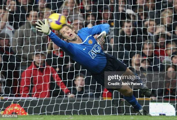 Edwin van der Sar of Manchester United in action during the Barclays Premier League match between Manchester United and Hull City at Old Trafford on...