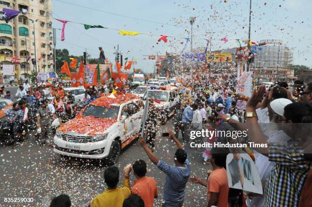 President Amit Shah being welcomed during his arrival for the three-day visit on August 18, 2017 in Bhopal, India.