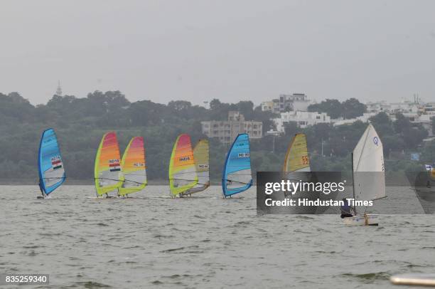 Sailors in action during Raja Bhoj Multiclass Sailing Championship, organised by Yachting Association of India on August 18, 2017 in Bhopal, India.