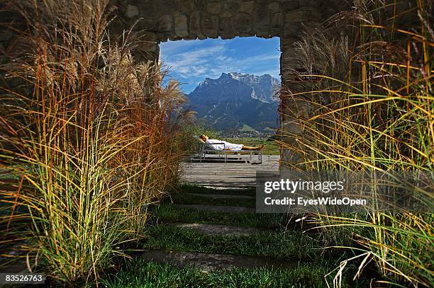 Women enjoying Wellness in hotel Mohr Life Resort in Lermoos with a view on german highest Mountain Zugspitze on October 25, 2008 in Lermoos, Austria,