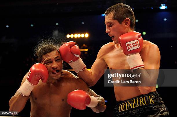 Sergiy Dzinziruk of Ukraine in action during the WBO super welterweight world championship fight against Joel Julio of Clombia prior to the WBA...