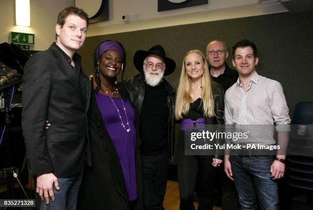 Author Terry Pratchett with Leighton James House , Sharon D Clarke , Kerry Ellis , Shaun McKenna and Daniel Boys , during a photocall to annouce the...