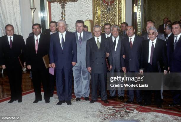 Commonwealth of Independent States summit. Pictured: president of Azerbaijan Heydar Aliyev, president of Tajikistan Emomalii Rahmon, chairman of the...