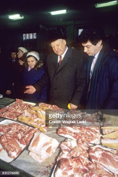 Russian President Boris Yeltsin visiting a meat shop in Gorki , Russia, on 12th June 1992. On the right: Boris Nemtsov - chief od admnistration of...