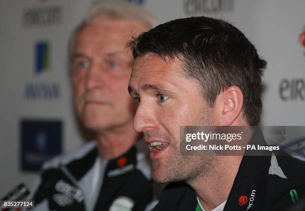 Republic of Ireland's Robbie Keane talks during a press conference