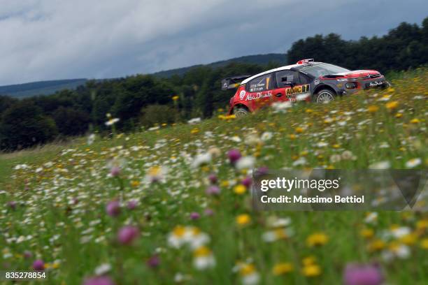 Kris Meeke of Great Britain and Paul Nagle of Ireland compete in their Citroen Total Abu Dhabi WRT Citroen C3 WRC during Day One of the WRC Germany...