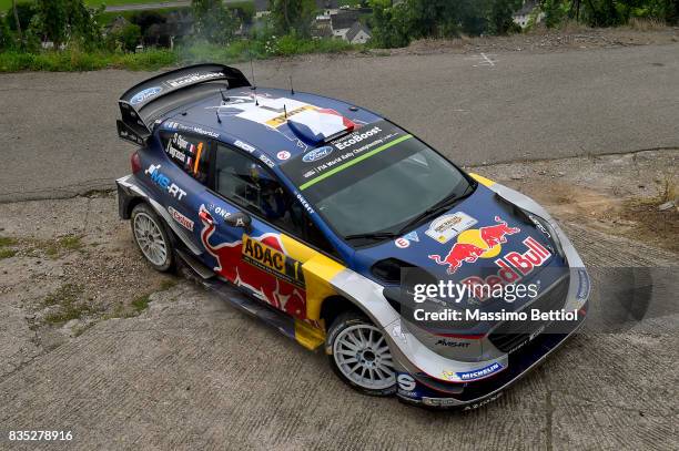 Sebastien Ogier of France and Julien Ingrassia of France compete in their M-Sport WRT Ford Fiesta WRC during Day One of the WRC Germany on August 18,...