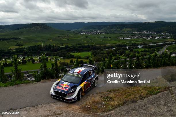 Sebastien Ogier of France and Julien Ingrassia of France compete in their M-Sport WRT Ford Fiesta WRC during Day One of the WRC Germany on August 18,...