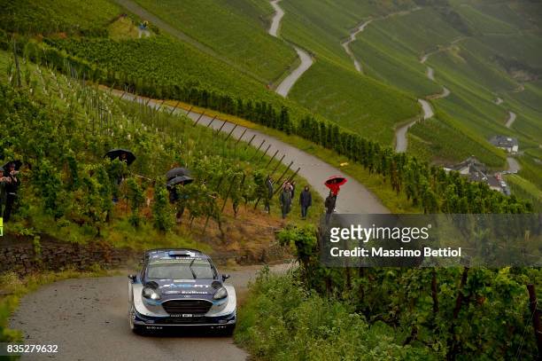 Ott Tanak of Estonia and Martin Jarveoja of Estonia compete in their M-Sport WRT Ford Fiesta WRC during Day One of the WRC Germany on August 18, 2017...