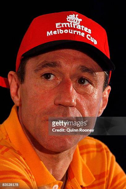 John Egan the jockey for Yellowstone speaks to media at a press conference after trackwork at Sandown Racecourse on November 2, 2008 in Melbourne,...